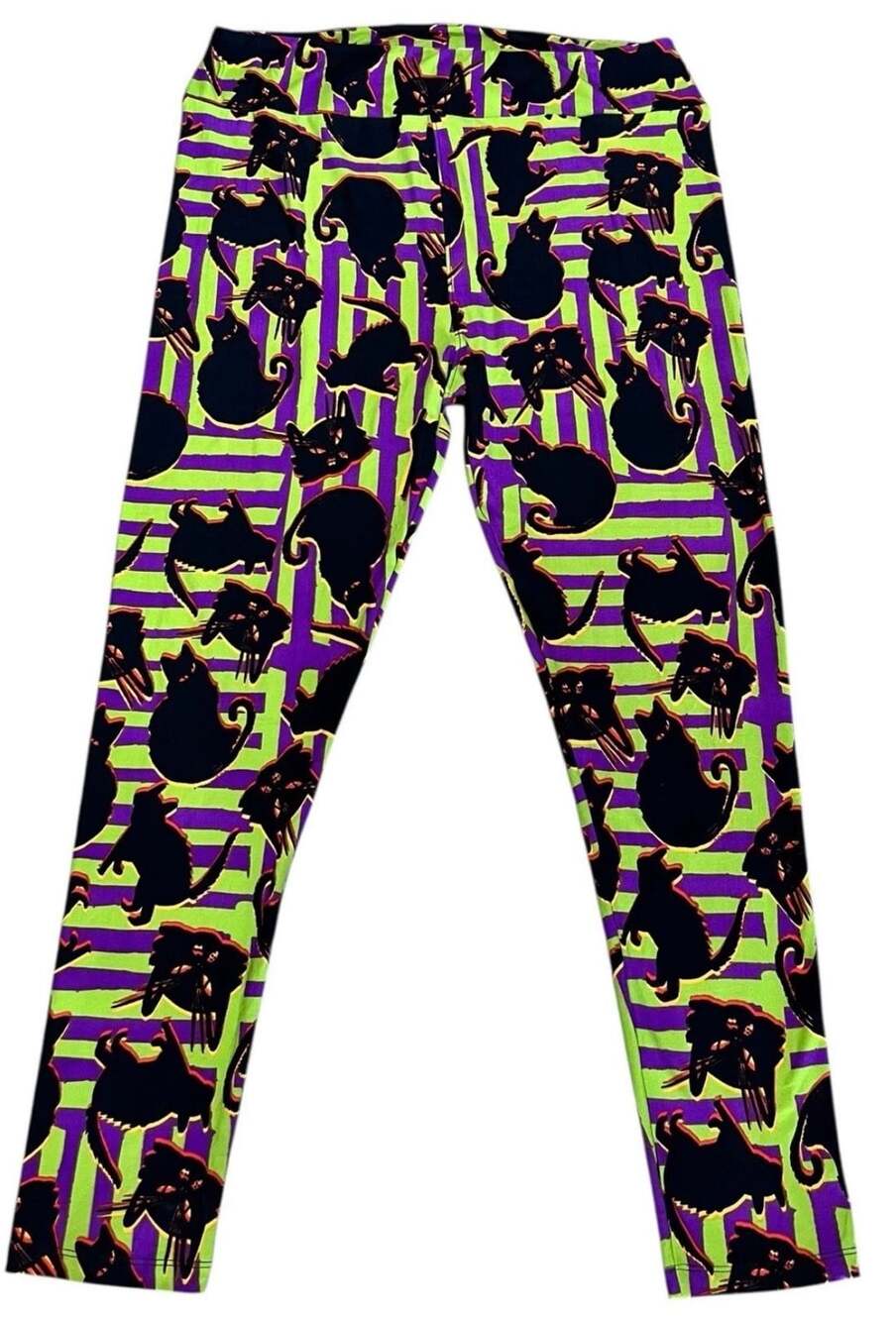 Lularoe TCTWO 18-26 Halloween cats, neon green, purple Leggings Halloween Spooky
